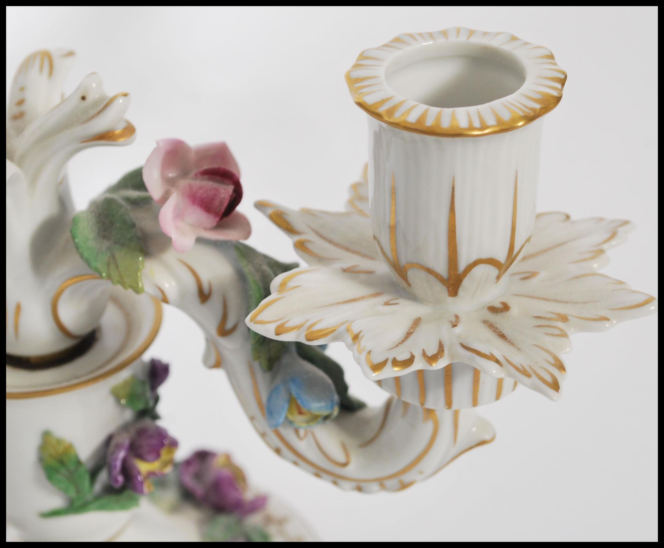 A pair of Dresden porcelain double sconce candelab - Image 6 of 12