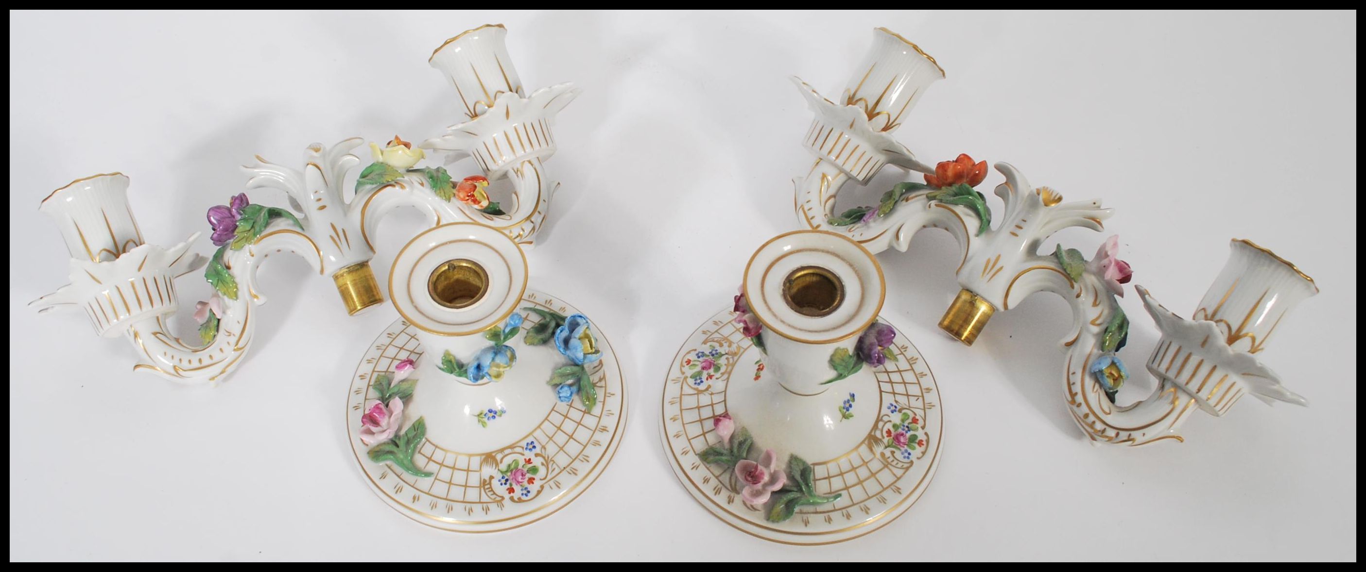 A pair of Dresden porcelain double sconce candelab - Image 10 of 12