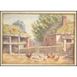 A 19th century framed and glazed watercolour painting of a farming scene with chickens. Signed by