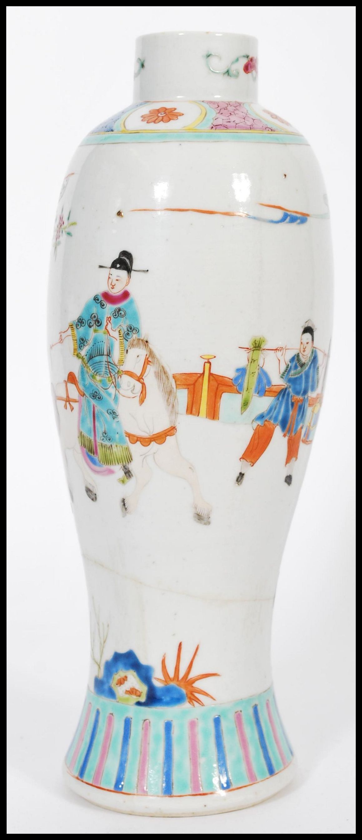 An early 20th century Chinese vase of bottle shape having cartouche panels depicting domestic - Image 2 of 5