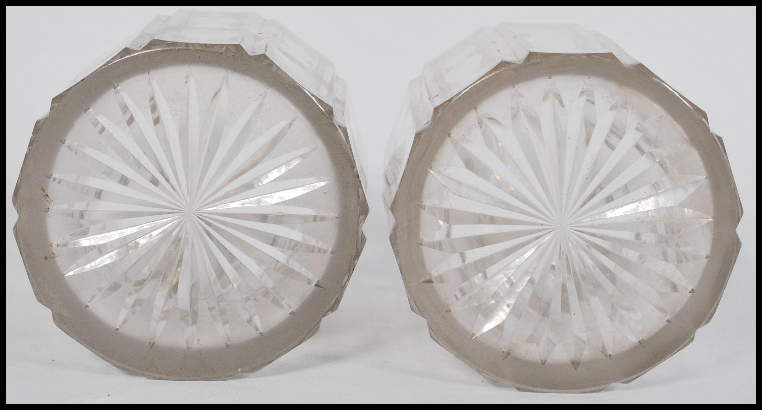 A pair of 19th century facet cut glass jars of cylindrical form having shaped necks believed to be - Image 3 of 3