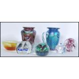 A collection of studio glass items to include a Studio glass vase by Okra, marbling effect to a blue