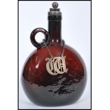 A silver hallmarked collared Dutch amber glass moon flask wine bottle converted to a de-canter, with
