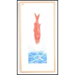 A contemporary print entitled 'Fish To Water' depicting a crimson fish and stylised blue waves,