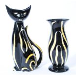 Two vintage retro 20th century Schmider pottery Anneliese Beck Tigris pattern cat figure and vase.