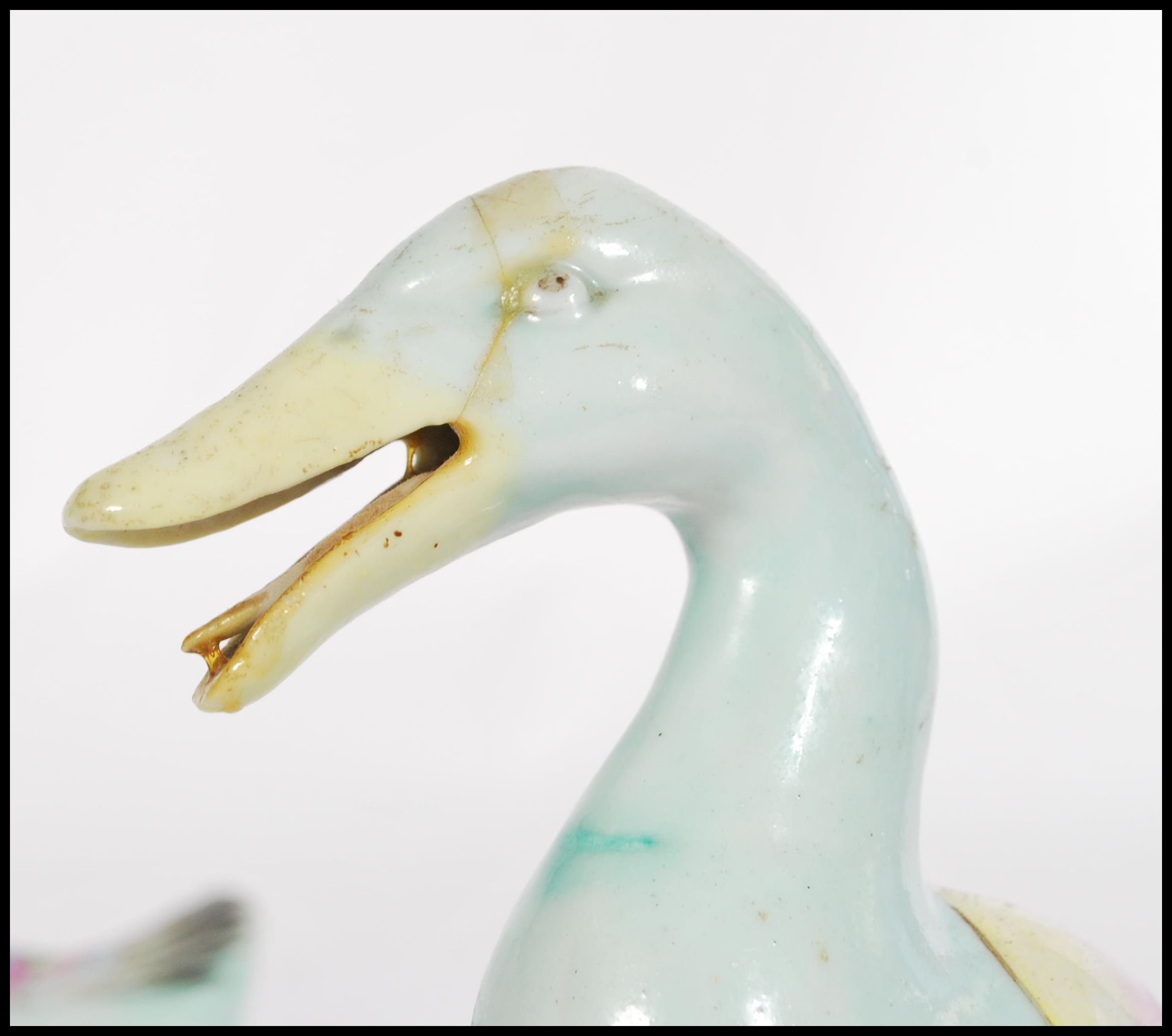 A pair of 19th century Chinese Ming style pottery ducks, each polychrome decorated predominantly - Image 3 of 4