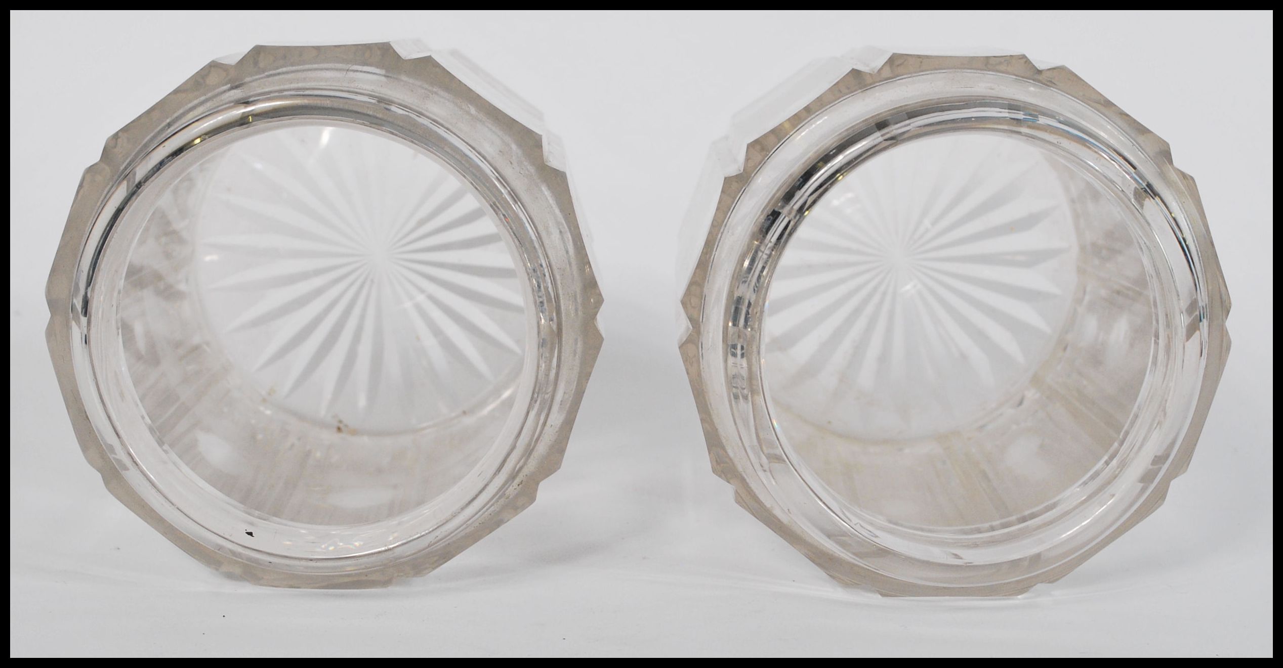 A pair of 19th century facet cut glass jars of cylindrical form having shaped necks believed to be - Image 2 of 3