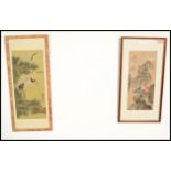 A pair of early 20th century Japanese watercolour paintings on silk being framed and glazed. Both