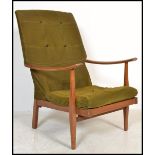 A  vintage mid century teak wood open armchair of Danish influence being upholstered in the original