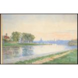 A 20th century Italian School watercolour painting of a river scene with city to the background