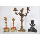 A group of 19th century Victorian lighting to include a pair of ormolu gilt bronze candlesticks with