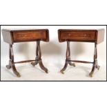 A good pair of Regency revival mahogany drop leaf side / lamp tables, each with single drawers being