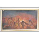 A 20th century large retro pastel and colour painting of unusual scene with bonfire and collection