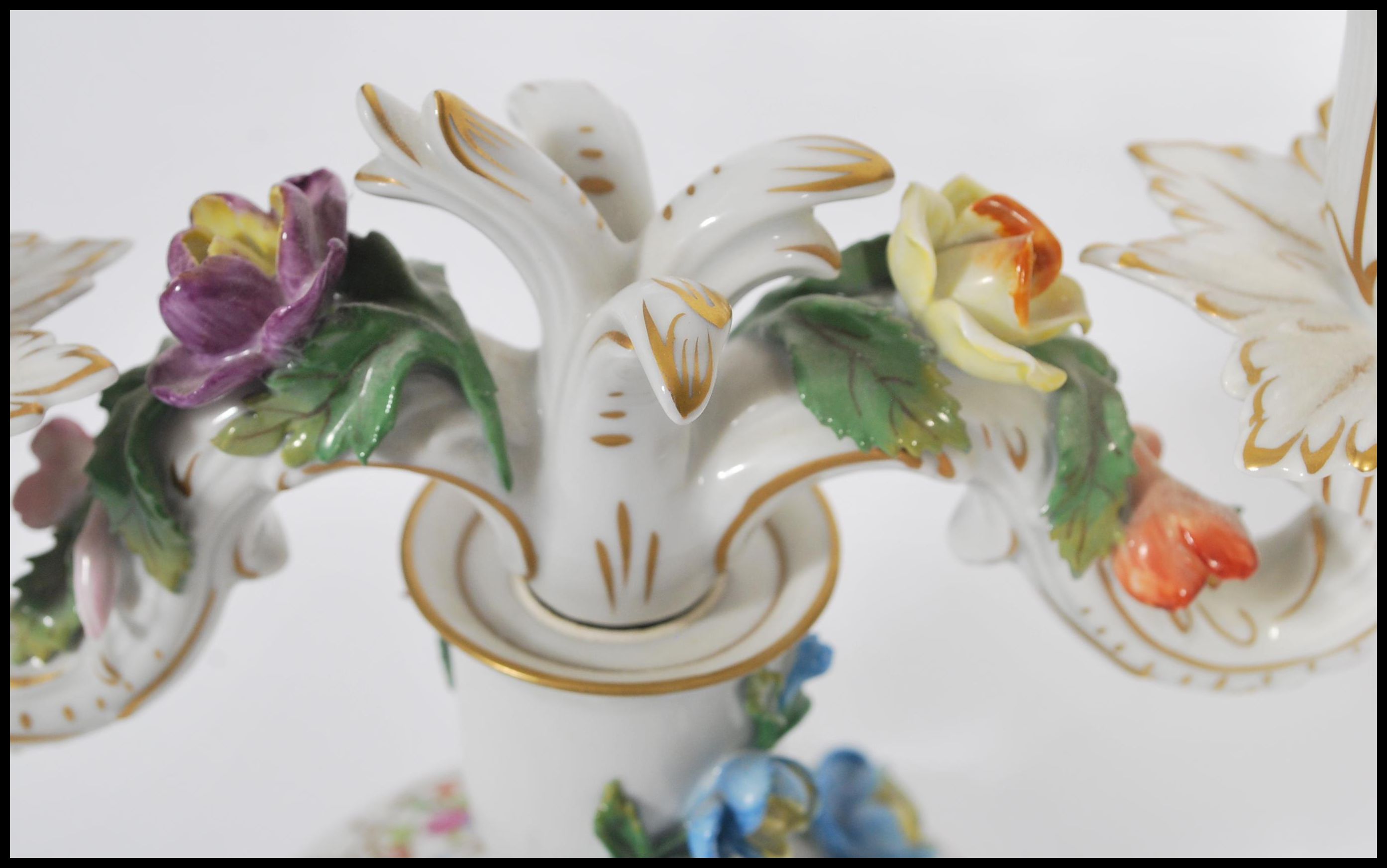 A pair of Dresden porcelain double sconce candelab - Image 8 of 12