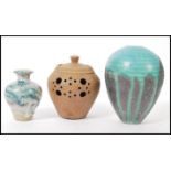 A group of vintage studio art pottery to include blue drip glaze bulbous vase, brown earthenware
