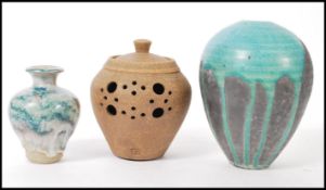 A group of vintage studio art pottery to include blue drip glaze bulbous vase, brown earthenware