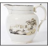 An 18th Century pearlware creamer jug having transfer old country house scenes to the front and