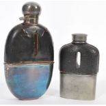 Two early 20th century silver plate and leather glass hip flasks one by James Dixon and Sons of oval
