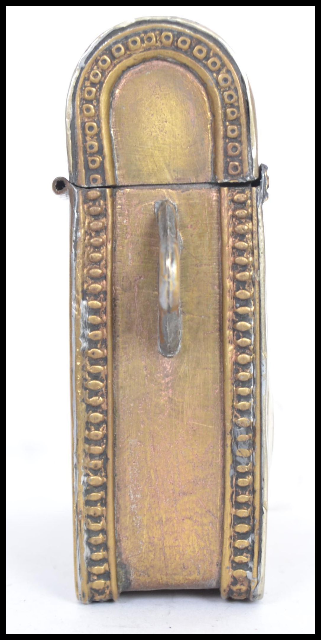 A 19th century Moroccan brass Quran container box. Originally being fastened to a belt with bone - Image 3 of 6