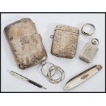 A collection of silver hallmarked and silver plate items to include a hallmarked cheroot case,