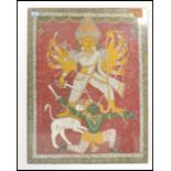 A late 19th Century painting on canvas depicting the Hindu God Durga slaying Mahesha, on a red