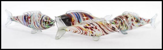 A group of four vintage retro 20th century Murano studio art glass fish perfect for lamp conversion.