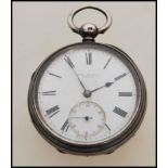 A 19th century Victorian silver hallmarked pocket watch having a fusee movement. The white enamel