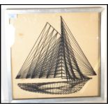 A vintage retro 20th century string and pin artwork depicting a sailing boat at full mast. Set to