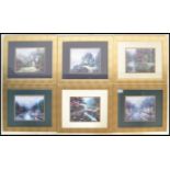 A set of six vintage Thomas Kinkade prints being set to gilt frames. Each depicting a busy scenes