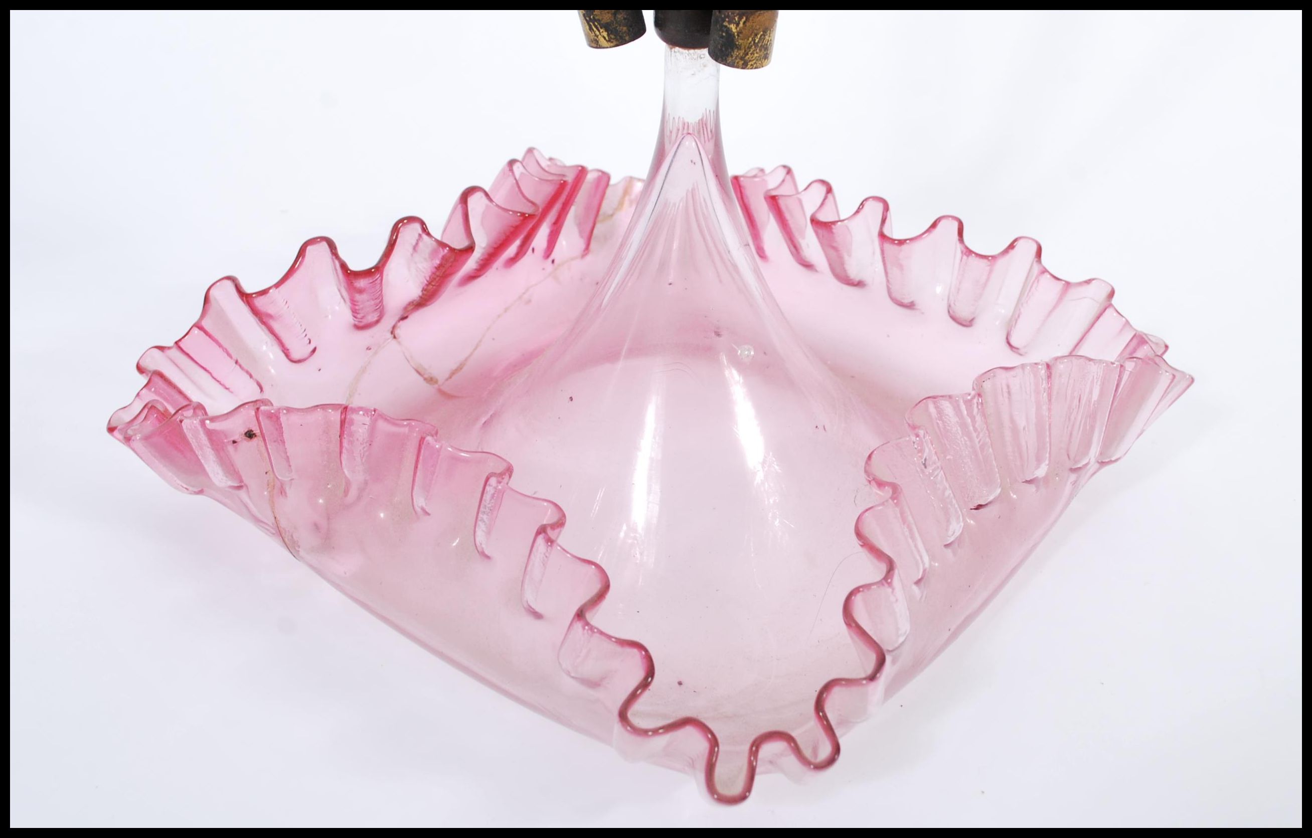 A 19th Century Victorian cranberry glass epergne table centre piece, upright cranberry tulip - Image 4 of 5