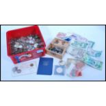 A collection of vintage coins and banknotes mostly GB examples with some World coins. Large