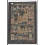 A 20th Century Indian ink painting on canvas depicting narrative scenes in square panels culminating