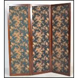 A 19th century Victorian silk and mahogany framed three panel room divider / discretionary /