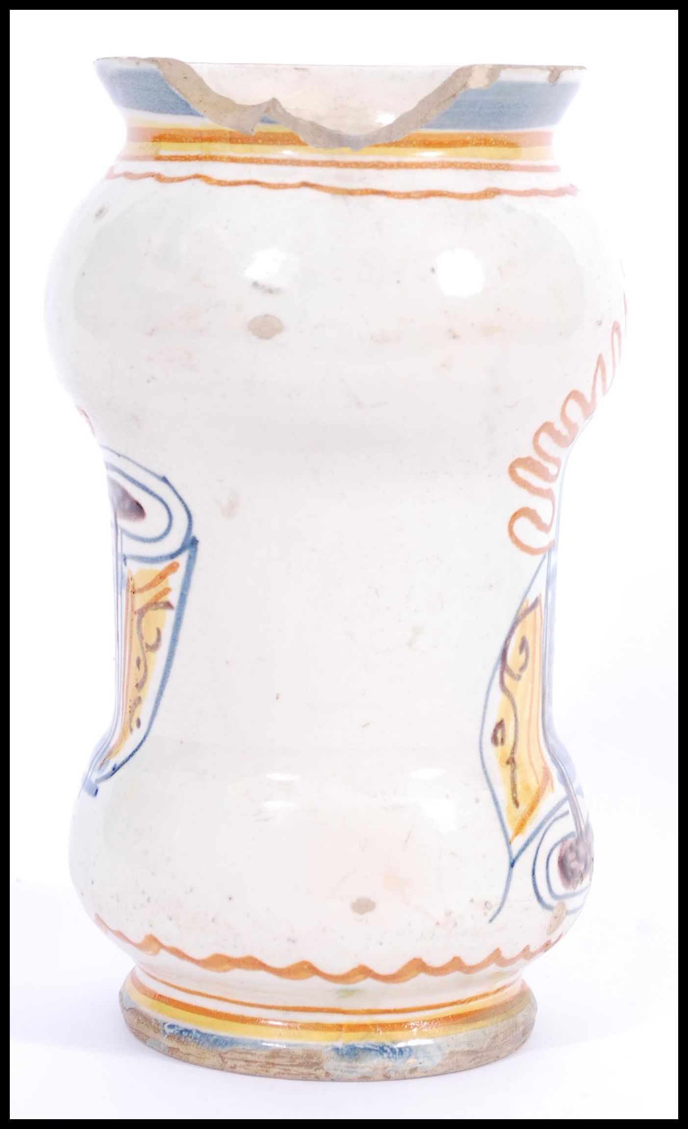 An 18th Century faience Italian apothecary jar of bulbous form, hand painted with yellow and blue - Image 2 of 4