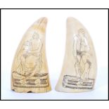 A Pair of Nineteenth Century Scrimshaw Sperm Whale Teeth decorated with hercules and a winged boy