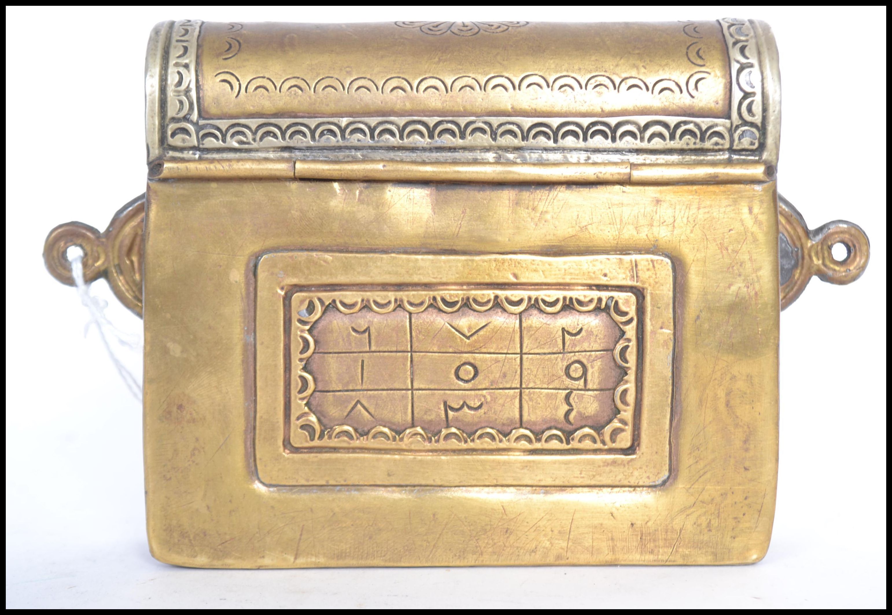 A 19th century Moroccan brass Quran container box. Originally being fastened to a belt with bone - Image 4 of 6