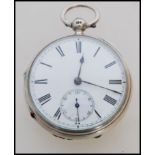 A 19th century Victorian silver hallmarked pocket watch having a fusee movement. The white enamel