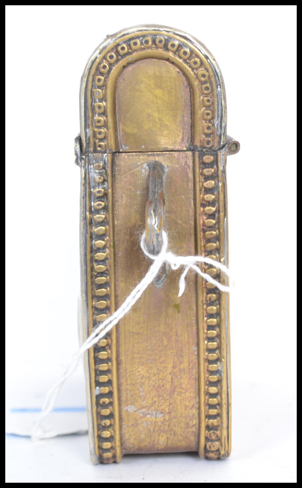 A 19th century Moroccan brass Quran container box. Originally being fastened to a belt with bone - Image 5 of 6