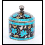 A vintage 20th century silver cloisonne trinket / pill pot of cylindrical form with ball finial lid.