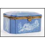 An early 20th Century continental German porcelain blue ceramic casket / trinket box with a pat