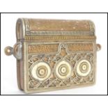 A 19th century Moroccan brass Quran container box. Originally being fastened to a belt with bone