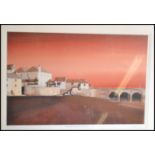 A contemporary print depicting Chocolate Harbour in St Ives Cornwall at sunset having red hues