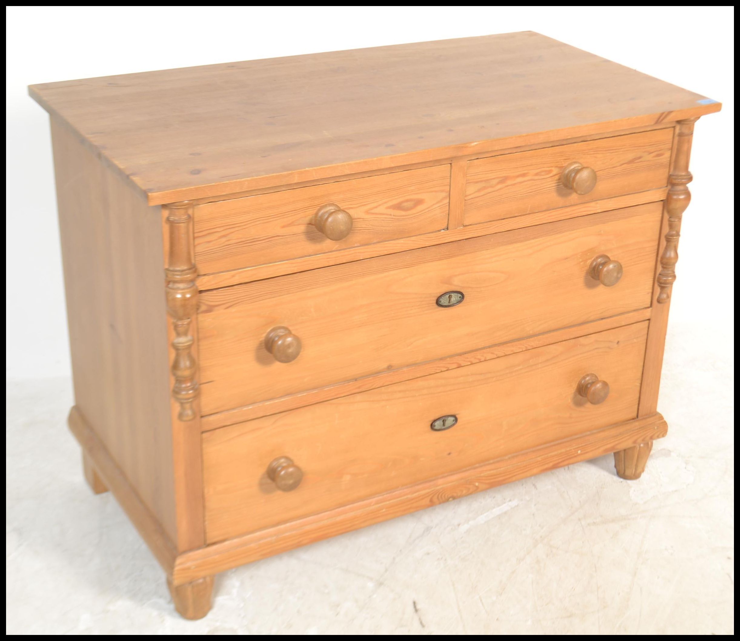 An antique style Scandinavian pine chest of drawers having 2 short and 2 deep drawers with flared - Image 2 of 4