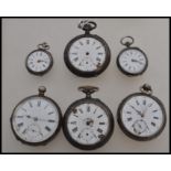 A group of six pocket watches dating from the 19th century to include two small ladies fob