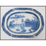 A 19th century Chinese blue and white meat platter tray plate having typical decoration depicting