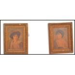A pair of 19th Century framed oleograph prints depicting a man and a lady in carved wood and gesso