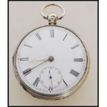 A 19th century Victorian silver hallmarked pocket watch having a fusee movement. The white enamel