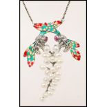 A stamped 925 silver necklace having a pendant in the form of two insects with coloured plique a