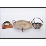 A silver plated Art Nouveau dish by Mappin and Webb together with a desk calendar and tricket bowl /