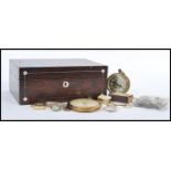 A 19th Century Victorian rosewood workbox with mother of pearl inlaid with contents, the contents to